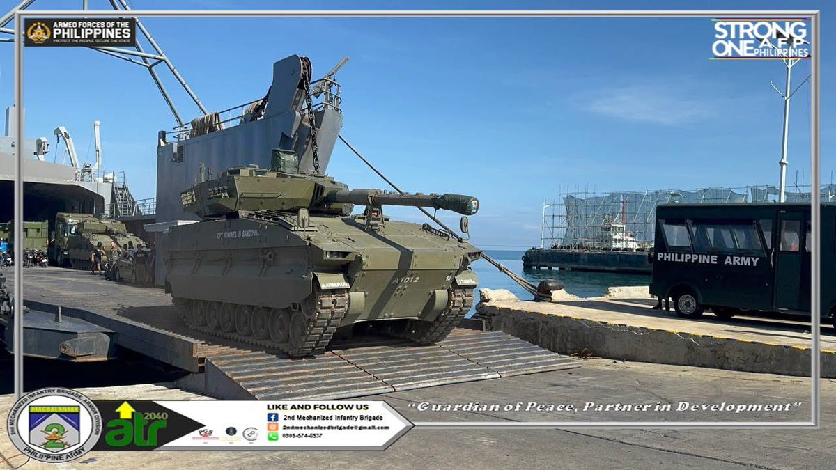 PhilippMonitor's tweet photo. 1TBn | #Philippines

More photos show the 1st Tank Battalion’s Sabrah light tanks disembarking from BRP Bacolod City (LS-551), highlighting the vessel’s role in transporting armored assets. https://t.co/KkwBgKy7eA