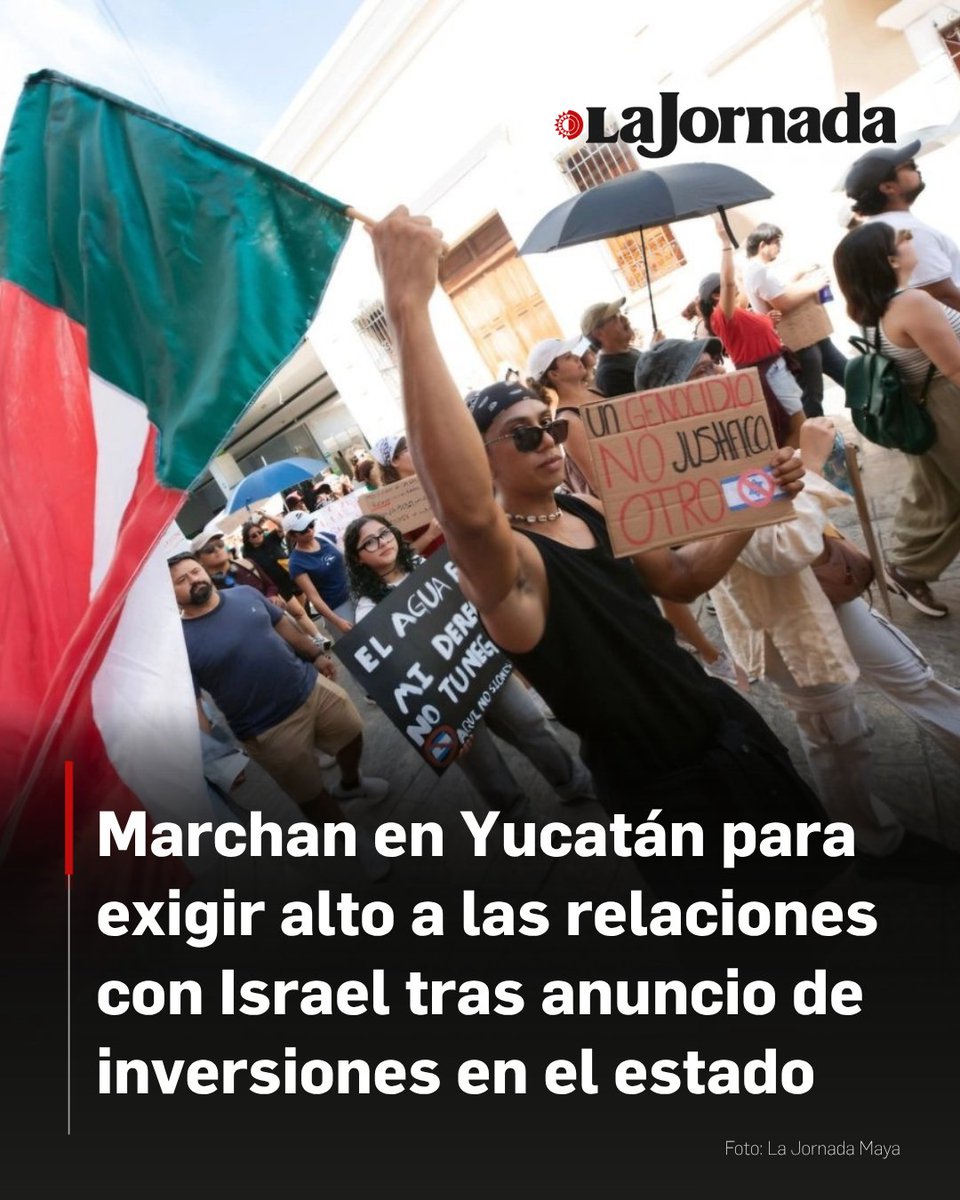 LaJornada's tweet photo. Cientos de personas se movilizaron en las calles del Centro Histórico de Mérida, Yucatán, para manifestarse en contra de los anuncios de inversión de empresas de Israel en la entidad.

La marcha, que inició en el Parque de Santiago y concluyó frente al Palacio de Gobierno, reunió a ciudadanos de diversas edades y representantes de comunidades mayas, quienes expresaron su rechazo a los convenios relacionados con el manejo de recursos hídricos, agricultura y seguridad, señalando la situación del conflicto en Palestina y las acusaciones internacionales por crímenes de guerra contra el gobierno israelí.

Más información en: https://t.co/lnMHmRiV0T