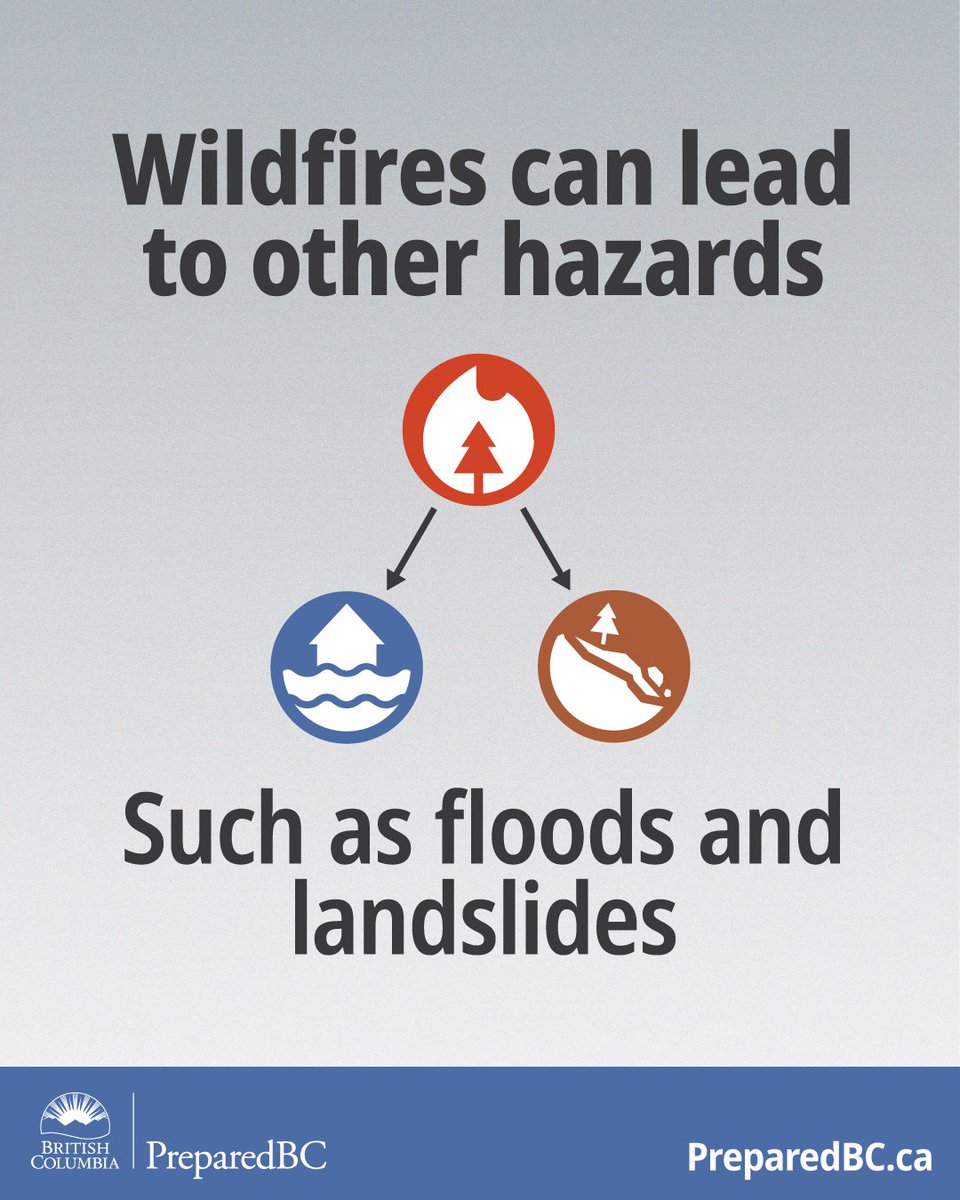 PreparedBC's tweet photo. #BCwildfire impacts don't end when the fire does.

Burned areas can face increased risks from flooding, landslides, debris flows, and falling trees, especially after heavy rain. Stay informed, monitor the weather and be prepared for changing conditions. 

https://t.co/GmesbcFJRG https://t.co/ONv5duvKO8