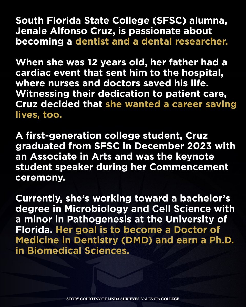 EducationFL's tweet photo. Meet Jenale Alfonso Cruz, a first-generation college student and an alumna of @SFSCPanthers.

When she was 12 years old, Jenale’s father had a cardiac event that sent him to the hospital, where nurses and doctors saved his life.

This experience inspired her to pursue a career saving lives—and now she’s working toward a bachelor’s degree in Microbiology and Cell Science with a minor in Pathogenesis at @UF. 

Read Jenale’s FULL Florida in Focus Spotlight: https://t.co/LfNcqBvAgg