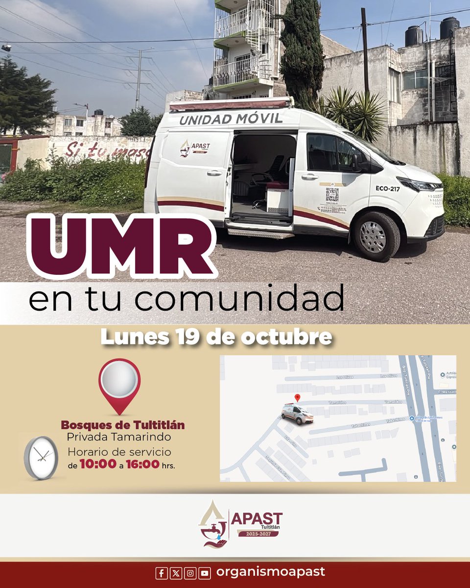 organismoapast's tweet photo. ¡Hoy estamos más cerca de ti!
Nuestra Unidad Móvil de Recaudación se encuentra el día de hoy en:
Bosques de Tultitlán
 Ubicación: https://t.co/7wzFkxJ2Ry
Acércate y pregunta por nuestros descuentos vigentes.
¡Aprovecha y ponte al corriente!
#APAST #GobiernoQueTransforma https://t.co/cPkewGxBuJ