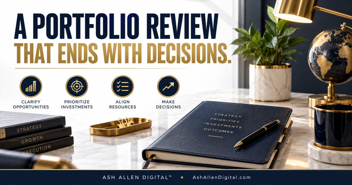 ashallendigital's tweet photo. Make your portfolio review end with decisions, owners, and dates. Read the practical 20-minute agenda: https://t.co/y4zOewpf3H https://t.co/gqfMp16K4S