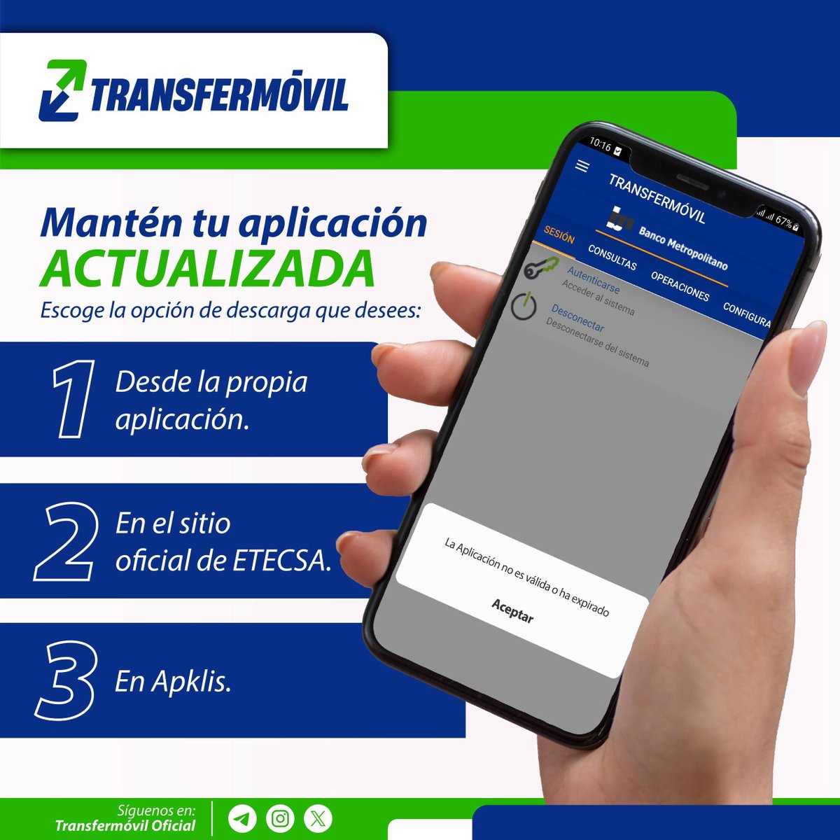 Avilacomunica's tweet photo. 📱 ¿Tu aplicación #Transfermóvil muestra un mensaje de que no es válida o ha expirado? No  te preocupes, solo necesitas actualizarla para seguir operando. 🧵👇 https://t.co/5CrOngRYOL
