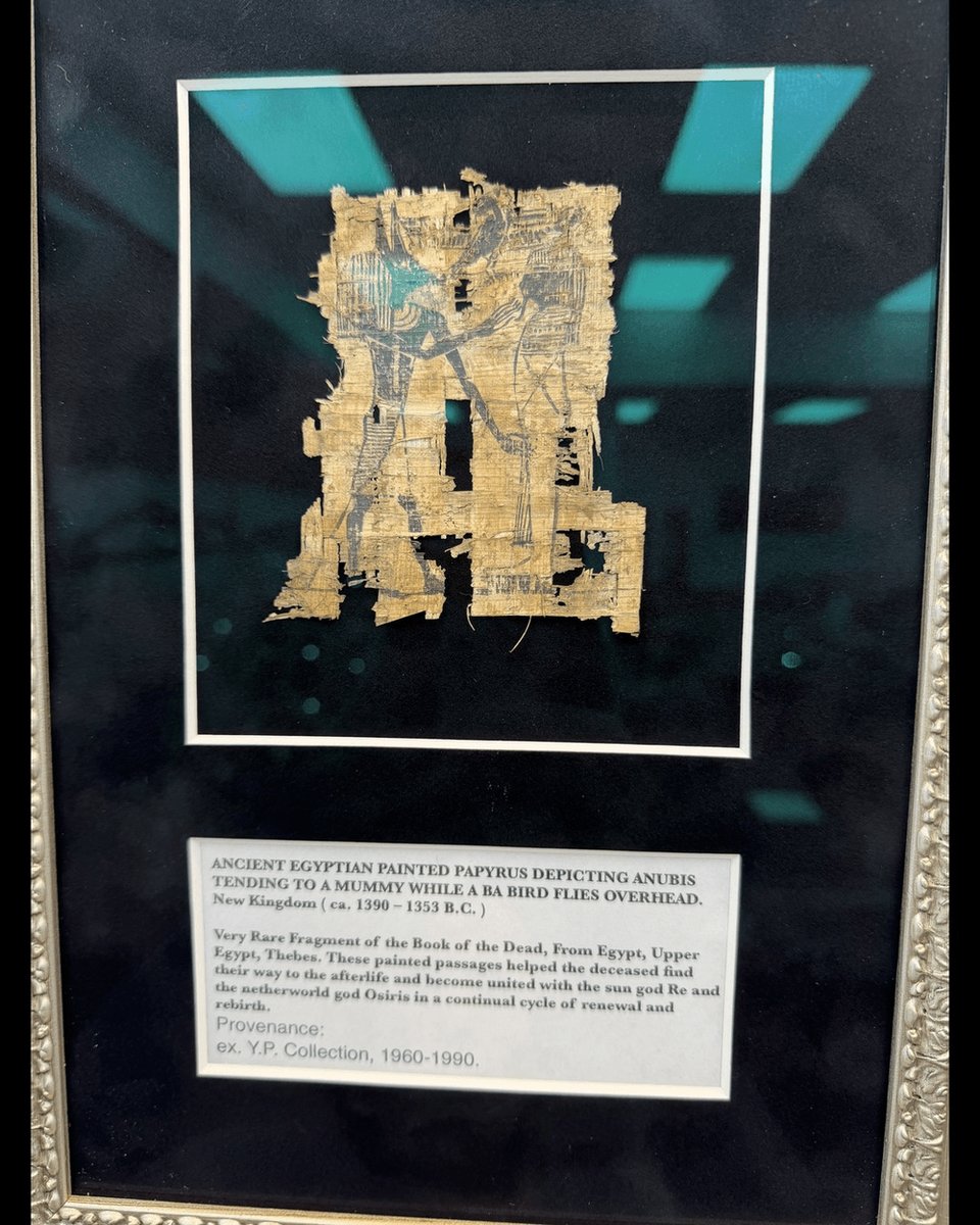 coinsnartifacts's tweet photo. Anubis tends a mummy while a ba bird, the human-headed soul, flies overhead. A Book of the Dead papyrus fragment from Thebes, New Kingdom, ca. 1390–1353 B.C. The Egyptians called it the "Book of Coming Forth by Day." 𓂀 #AncientEgypt #history https://t.co/FWjBkCzoEz