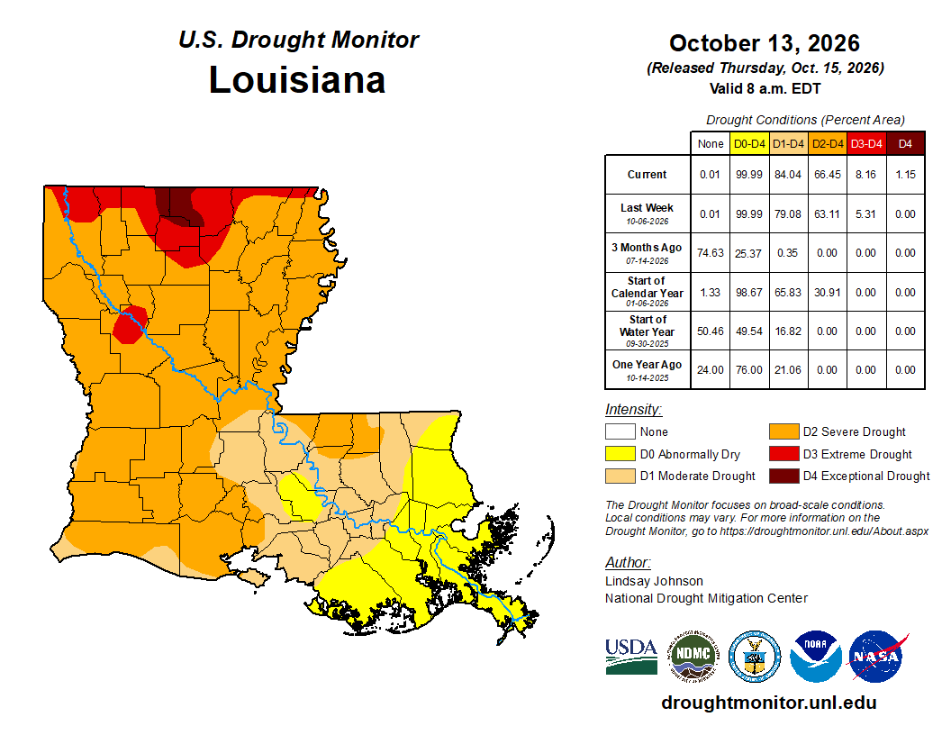 LaStateClimate's tweet photo. The current U.S. Drought Monitor depiction showed drought expansion from the previous week, not surprisingly. Most notably, an area of D4 'Exceptional' drought was added in north-central Louisiana. That is the first time there has been any D4 in the state since late-January 2024. https://t.co/A96jAfBTd9