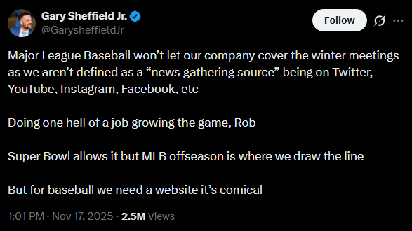 TJStats's tweet photo. @dead_baseball I still get a kick out of this complaint about not getting media access to the winter meetings. He is so out to lunch https://t.co/5K4D0csxJ8