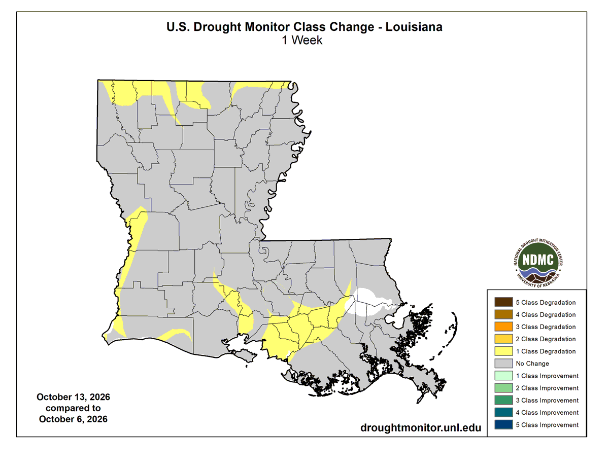 LaStateClimate's tweet photo. The current U.S. Drought Monitor depiction showed drought expansion from the previous week, not surprisingly. Most notably, an area of D4 'Exceptional' drought was added in north-central Louisiana. That is the first time there has been any D4 in the state since late-January 2024. https://t.co/A96jAfBTd9