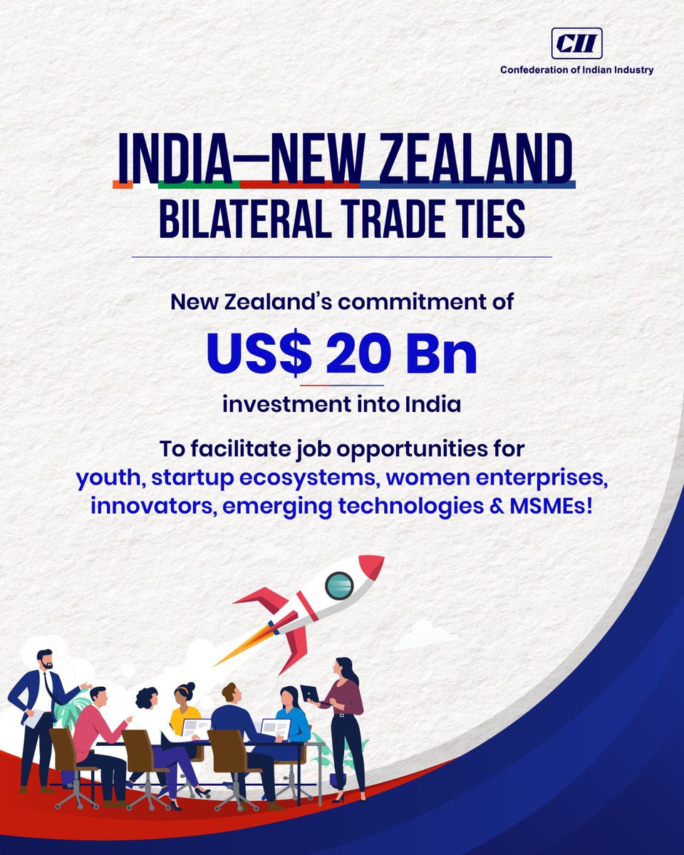 FollowCII's tweet photo. India–New Zealand bilateral ties are set to strengthen further with New Zealand’s commitment of US$ 20 billion in investment into India. This commitment aims to create new opportunities for youth employment, strengthen startup ecosystems, empower women-led enterprises, support innovators and MSMEs, and accelerate collaboration in emerging technologies. 
@narendramodi @PMOIndia @MEAIndia @IndiainNZ @NZinIndia @CII4Global 
#IndiaNewZealand #IndiaNewZealandTies #BilateralTrade