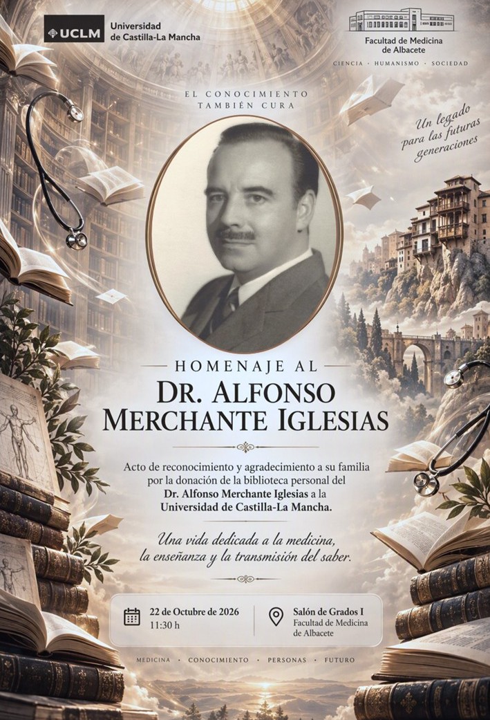 BibliotecaUCLM's tweet photo. 📚 El 22 de octubre a las 11:30h en la Facultad de Medicina, homenajearemos al Dr. Alfonso Merchante Iglesias. Gracias a la donación de su biblioteca personal y al trabajo realizado por la Biblioteca de Ciencias de la Salud, su legado ya está disponible para la investigación https://t.co/BlsbzWvWIX
