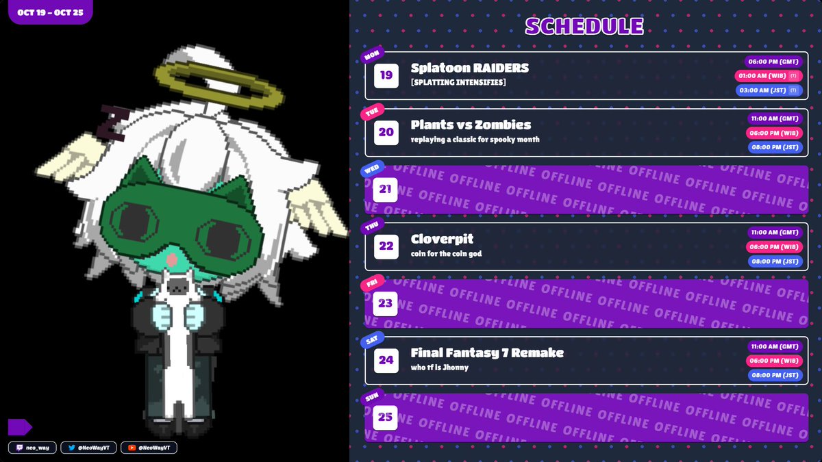NeoWayVT's tweet photo. last minute schedule posting! gonna be streaming later today, so I'll see you in a bit!

Memes: #WayTooDank
Fanart: #WayOfThePencil
Clips: #NeoMoment
Oshi marks: 👾🛣️ https://t.co/U0qLCXy7cH