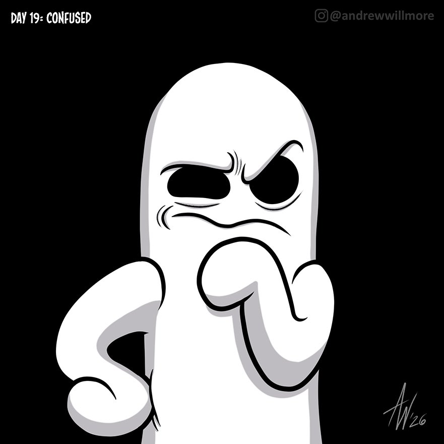 StudioBueno's tweet photo. Inktober (starring Lil' Ghost) day 19. Word prompt: CONFUSED! 
.
#inktober #inktober2026 #lilghost https://t.co/EHntHJ0UCI