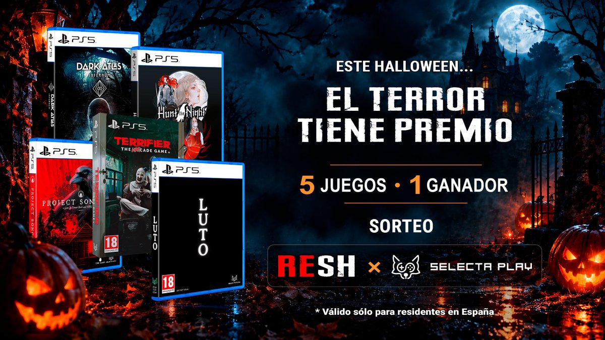 RESHorror's tweet photo. 🎃💀 ¡EL TERROR TIENE PREMIO! 💀🎃
 
Este Halloween, RESH y SelectaPlay nos unimos para sortear 5 juegos de terror para PS5 en formato físico.
 
👻 ¡UN ÚNICO GANADOR SE LOS LLEVARÁ TODOS!
 
Para participar:
 
✅ Seguir a @RESHorror y @SelectaPlay
🔁 Hacer RT de esta publicación
💬 Responder con #TerrorRESHxSelectaPlay: ¿cuál de estos cinco juegos elegirías para pasar la noche de Halloween?
📍 Residir en España.
 
📅 Tienes hasta el 27 de octubre para participar.
 
🍀 ¡Mucha suerte a todos!