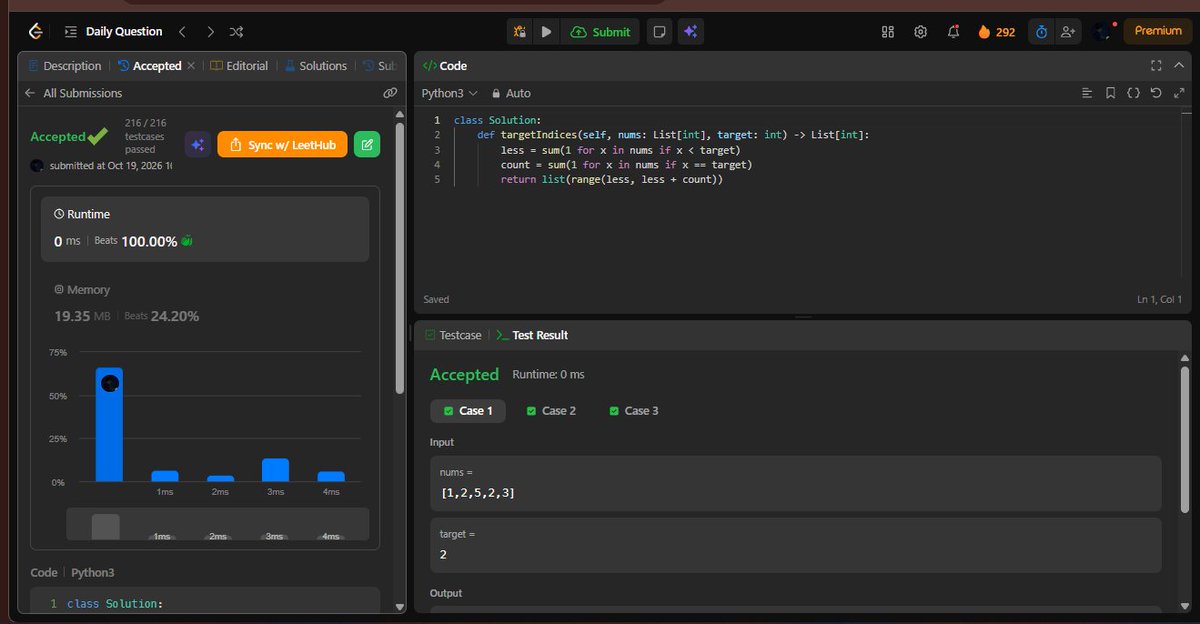 KosarBibi639's tweet photo. day 290 potd: 2089. find target indices after sorting array
count how many < target and how many == target
indices are just range(less, less + count)
O(n) no sorting needed 💀
#LeetCode #POTD #Array https://t.co/Px9gfjFUwD