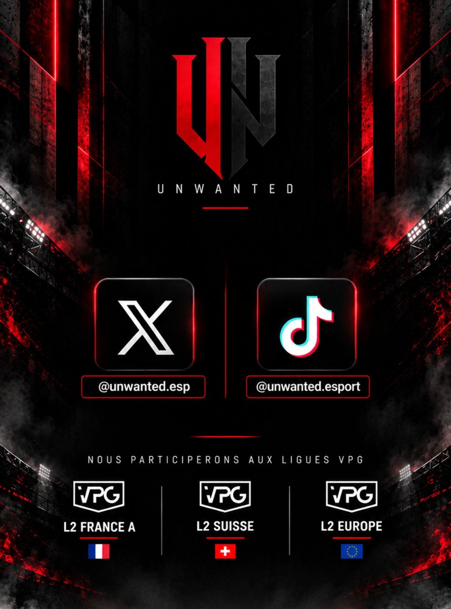 unwantedesp's tweet photo. Aujourd’hui pour cette saison 1, UNWANTED poursuit son aventure et s’engage sur 3 championnats VPG :

🇫🇷 VPG L2A FRANCE
🇨🇭 VPG L2 SUISSE
🇪🇺 VPG L2 EUROPE

X : @unwanted.esp
TikTok : @unwanted.esport

#UNWANTED #VPG #EAFC #ProClubs https://t.co/mpisrTUyzw