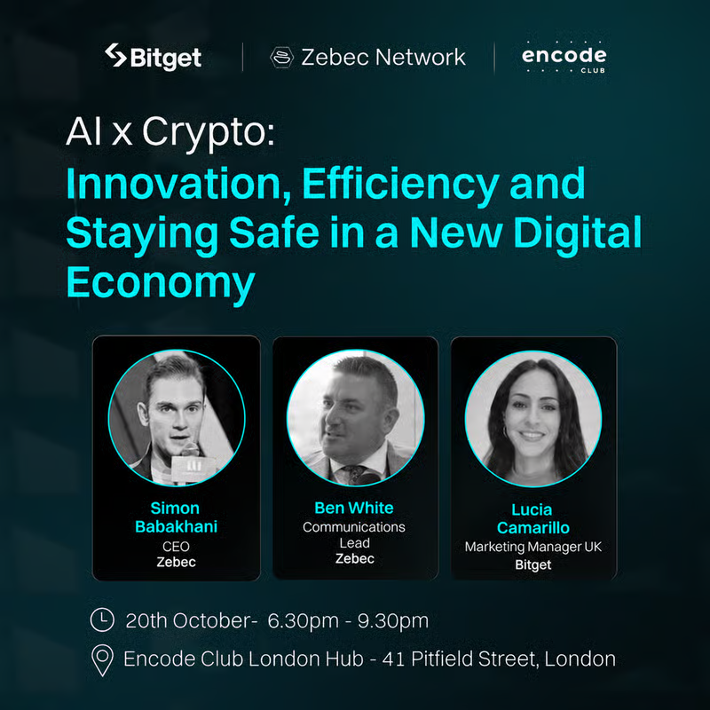 ZebecCards's tweet photo. London, we’ll see you tomorrow. 🇬🇧

Join @Zebec_HQ, @Bitget and @Encodeclub for a conversation on AI x Crypto and how AI is reshaping digital assets, improving efficiency and changing how we navigate an increasingly automated economy.

📍 Encode Club, London
📅 October 20
⏰ 6:30 PM UK 

Register: https://t.co/zjeXDRB9JB