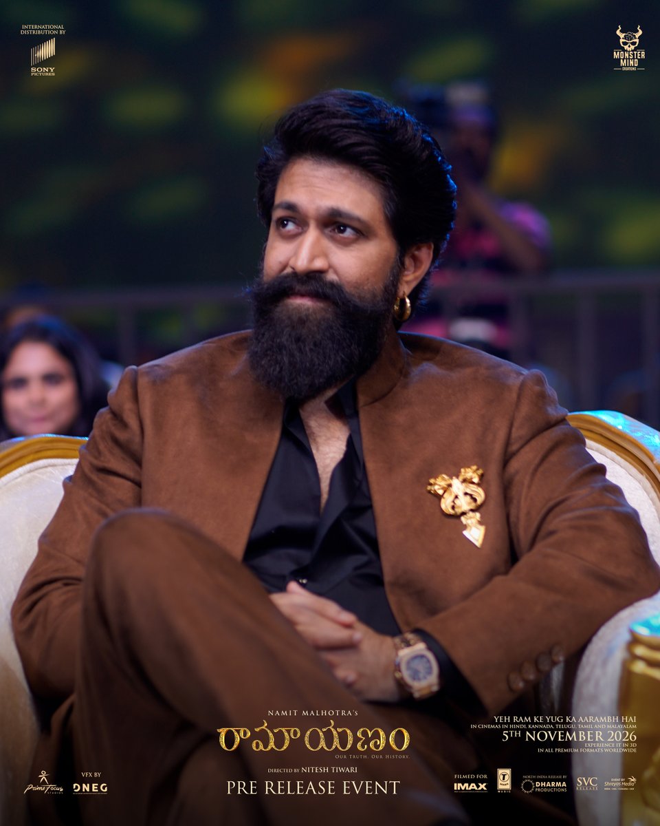 shreyasmedia's tweet photo. The Powerhouse Presence!🔥

Rocking Star #Yash brings unmatched charisma and commanding presence to the grand #Ramayana Telugu Pre-Release Event.❤️‍🔥

#RAMAYANA In Cinemas WORLDWIDE, across all premium formats, from 5th November 2026.

#RamayanaTeluguPreReleaseEvent https://t.co/qJBwArJQGD