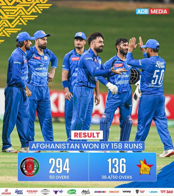 AryanGoel101922's tweet photo. Afghanistan Have Demolished Zimbabwe. Massive 158 Runs Win. Zimbabwe Were Clueless Throughout The Game. Mammoth Victory For Afghanistan https://t.co/dq9dXuM1oY