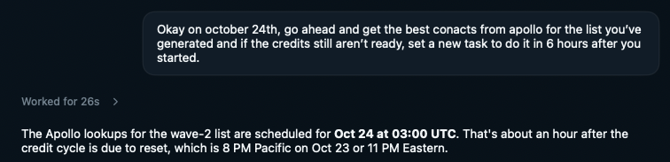 jerrodcodes's tweet photo. Introducing scheduled tasks for Seasalt cove. Sometimes your agent needs to take care of something later this week.

Just ask your agent to take care of something at any given date/time and it'll get back to you https://t.co/esnDRV3QL6