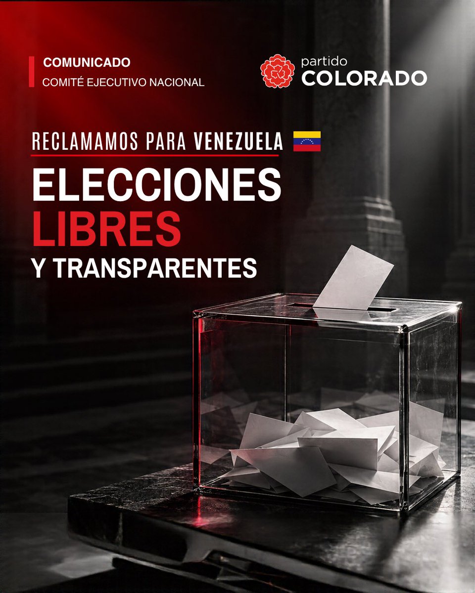 PartidoColorado's tweet photo. Habiéndose superado ampliamente los plazos constitucionales previstos para la convocatoria de elecciones presidenciales, el Comité Ejecutivo Nacional del Partido Colorado reclama elecciones libres y con plenas garantías democráticas.

Asimismo, exige la liberación inmediata de los presos políticos y el pleno restablecimiento de las libertades y los derechos humanos.

Reafirmamos nuestra solidaridad con el pueblo venezolano y nuestro compromiso con la democracia, la libertad y el Estado de derecho.

Leé el comunicado completo en la segunda imagen.