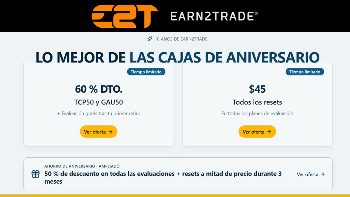 dpstrading's tweet photo. 🥳ANIVERSARIO AMPLIADO en Earn2Trade ⚠️¡Ofertas por Tiempo Limitado! ¡Accede YA! 👇
https://t.co/CqEs1ncbTH
☝️☝️☝️
..........
#earn2trade #trading #fondeo https://t.co/M4dmtdkJQp