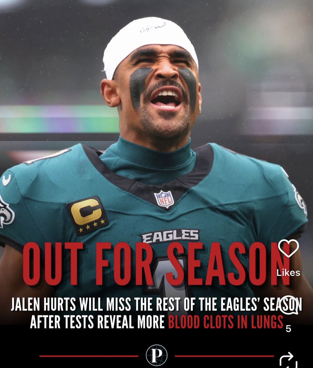 P_McCulloughMD's tweet photo. If Jalen Hurts was my patient I would take a vaccine and COVID history, check Spike blood levels, and in addition to blood thinners would use Spike Detoxification.  Have done this successfully with other pro athletes. @JalenHurts @Eagles https://t.co/c36wJTwzKD