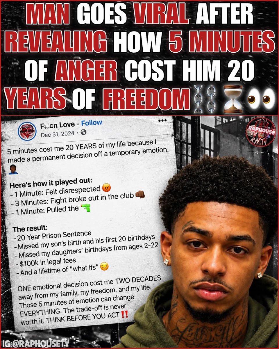 raphousetv2's tweet photo. Man Goes Viral After Revealing How 5 Minutes Of Anger Cost Him 20 Years Of Freedom. https://t.co/JBjwXelvUV