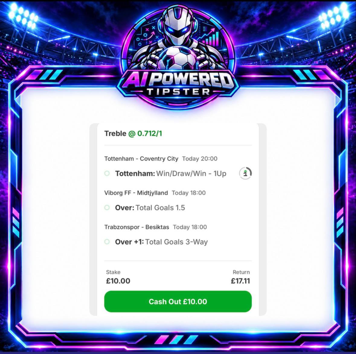 AiFootyTipster's tweet photo. 🤖⚽ MONDAY BET OF THE DAY | TREBLE 🏆

🇩🇰 Viborg vs Midtjylland – Over 1.5 Goals
🇹🇷 Trabzonspor vs Beşiktaş – Over 1 Goal (3-Way)
🏴󠁧󠁢󠁥󠁮󠁧󠁿 Tottenham vs Coventry – Tottenham 1-UP

🕕 Kick-offs: 6pm &amp; 8pm UK time

📊 Research in the replies below. ⬇️ https://t.co/PuzDxLsML5