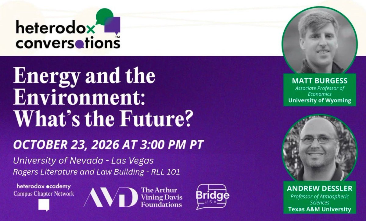 matthewgburgess's tweet photo. Looking forward to the next @HdxAcademy conversation at @unlv this Friday with @AndrewDessler. We're going to focus on adaptation optimism/pessimism, policy implications of damage uncertainty, and more. Should be fun! Details below. https://t.co/5arpxWR0n0