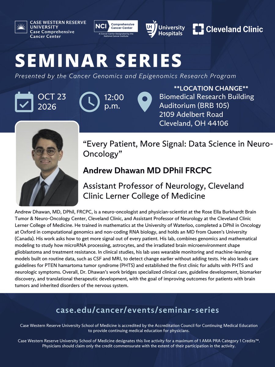 caseccc's tweet photo. Join us tomorrow as we welcome Andrew Dhawan, MD DPhil FRCPC, @clevelandclinic, for the upcoming seminar: "Every Patient, More Signal: Data Science in Neuro-Oncology."  12pm | Biomedical Research Building Auditorium. Click here to view the livestream: https://t.co/h89yvOJ0P8 https://t.co/xkRdNwjxiL