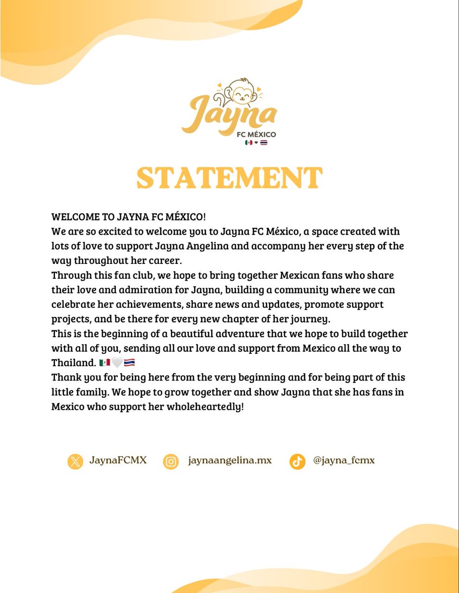 JaynaFCMX's tweet photo. ✨ ¡OFICIALMENTE, JAYNA FC MÉXICO! 🇲🇽💛

Nace Jayna FC México, un espacio lleno de amor para apoyar a Jayna Angelina y demostrarle que ¡México está con ella! 🥹🤍

¡Gracias por ser parte de esta familia! 💛🐒

#JaynaFCMX #JaynaAngelina https://t.co/5IVsjPg4bx