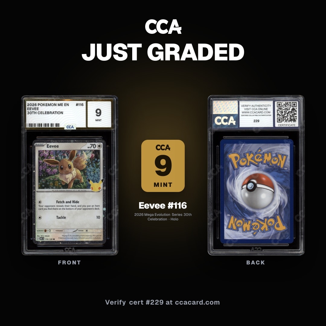 CCACertTracker's tweet photo. 2026 Pokemon 30th Celebration Eevee #116 Holo CCA 9 Mint
Subs: 10 / 9.5 / 9 / 9.5

Cert: https://t.co/Vzq9USYIHa
Start a submission: https://t.co/RZmjELVoQv

#Eevee #30thCelebration #Pokemon #PokemonTCG #CCACard #PokemonCollector #PokemonCommunity #SlabLife #TradingCards https://t.co/I7RuJVcOIm