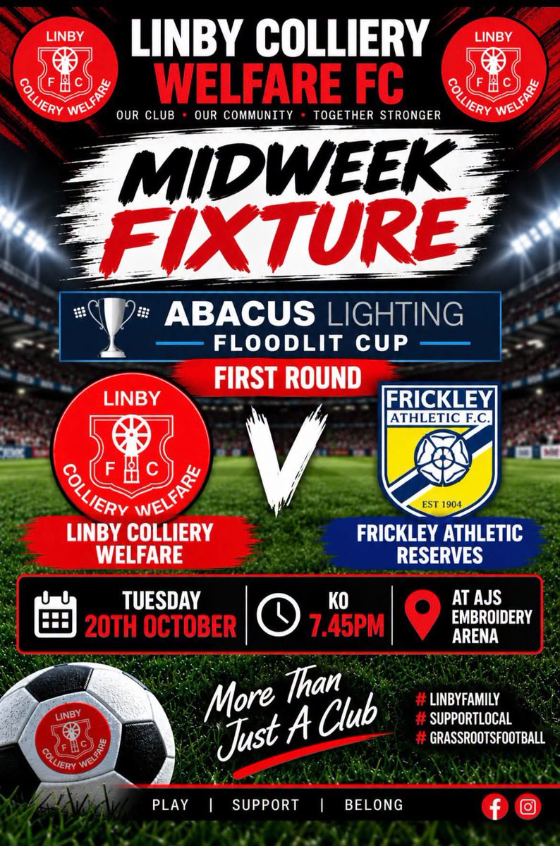 LinbyFc's tweet photo. MIDWEEK MATCH
Tomorrow night 
On the @AJSEmbroidery Arena 
we host @frickleyafc Reserves in the first round of the @AbacusLighting Floodlit Cup 
@rlntfc @CentralMidsAll @NottsFA https://t.co/VYrTGmzd8v