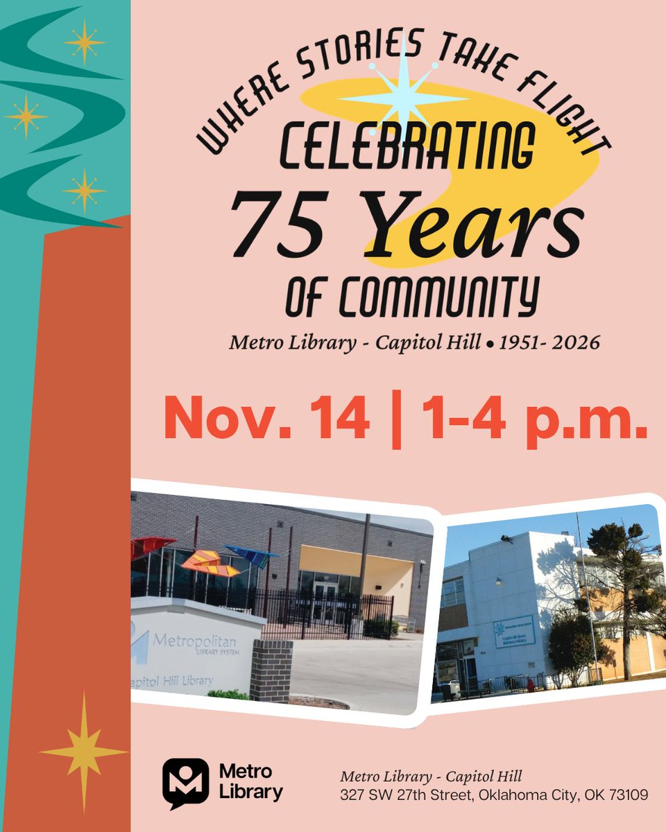 MetroLibraryOK's tweet photo. Mark your calendars. We're throwing a PAR-TAY! 🎉
For 75 years, Metro Library - Capitol Hill has been bringing people together. Now it's time to celebrate!

Join us on Nov. 14 for an afternoon of fun, activities and neighborhood pride.
Details: https://t.co/BNQMwej5QZ https://t.co/RadNj8qh2w