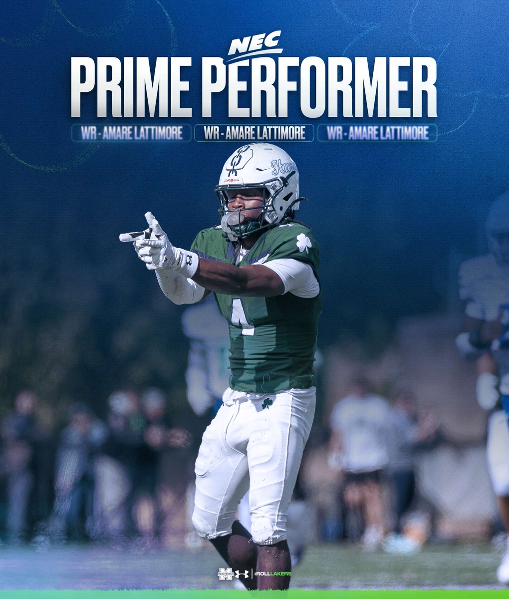 MercyhurstFB's tweet photo. Career Days for our guys!

🟢 QB Alex Gevaudan threw for over 400 yards against CCSU to compliment his 4 TD's
   ℹ First NEC QB to throw for over 400 this season | First Mercyhurst QB to throw for over 400 since 2015.
🔵 WR Amare Lattimore posted a career day going for 131 yards on 8 rec. and 2 TD's

#RollLakers☘️
