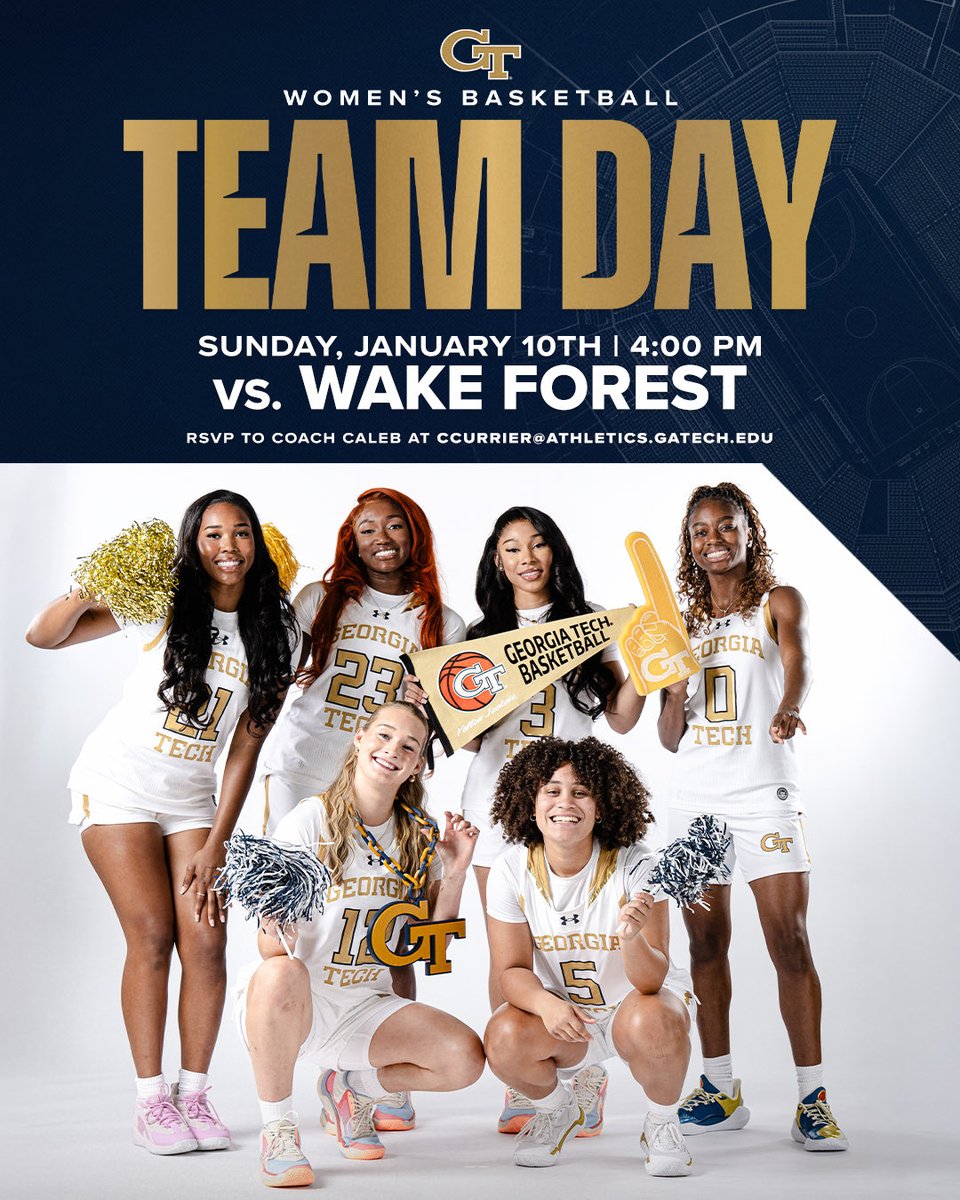 GTWBB's tweet photo. Team Day at the Thrillerdome 🐝

Calling all middle school, high school and AAU teams! Join us for Team Day as the Yellow Jackets take on Wake Forest.

🗓️ Sunday, Jan. 10
⌚️ 4:00 PM
🆚 Wake Forest

📧 To RSVP, contact Caleb Currier at Ccurrier@athletics.gatech.edu https://t.co/7tMtjiWoWi