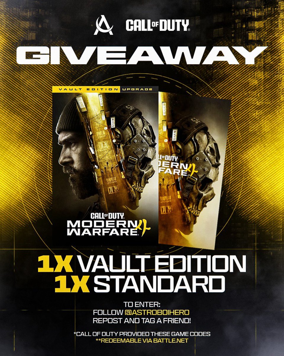 astroboihero's tweet photo. 🚨 @Callofduty MW4 GIVEWAY 🚨

Who needs a copy of the new call of duty?

1x VAULT EDITION 
1x STANDARD EDITION

HOW TO ENTER 👇 
✅ Follow @astroboihero 
🔁 Repost this post 
👥 Tag a friend

That’s it! You’re in! 🚀

Two editions. Two winners. Who’s taking them home? 👀 https://t.co/cIJOCaxpQr