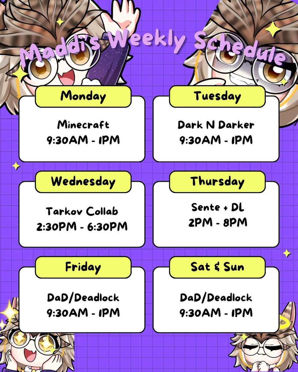 madditheowl's tweet photo. Schedule for this week! https://t.co/n9wM51QgjR