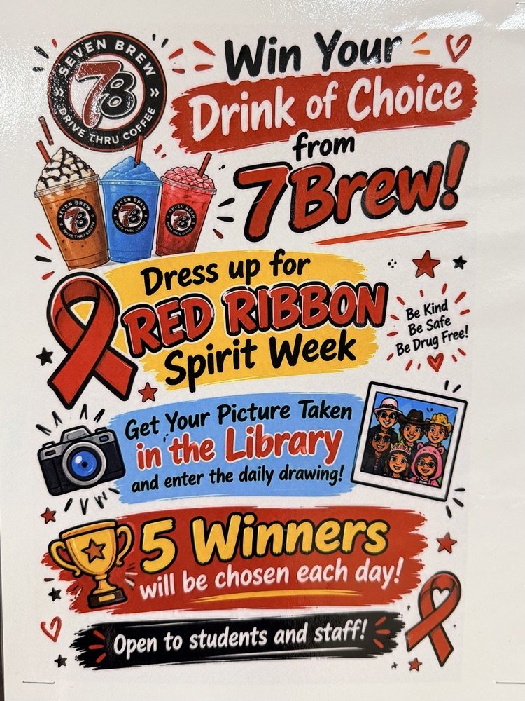 GreendaleLCSC's tweet photo. 🚨❤️ RED RIBBON WEEK STARTS FRIDAY! ❤️🚨

Show your spirit, dress up each day, and stop by the library to learn more about winning 7 Brew! ☕🐯 https://t.co/ptYbR8bnve