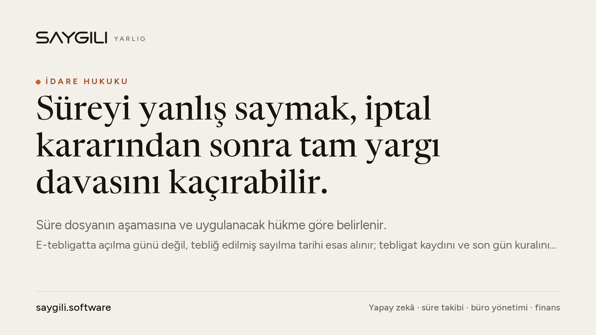 YarligAI's tweet photo. Süreyi yanlış saymak, iptal kararından sonra tam yargı davasını kaçırabilir.

Süre dosyanın aşamasına ve uygulanacak hükme göre belirlenir. E-tebligatta açılma günü değil, tebliğ edilmiş sayılma tarihi esas alınır; tebligat kaydını ve son gün kuralını doğrulayın.

#İdareHukuku https://t.co/UiAnzloG3M