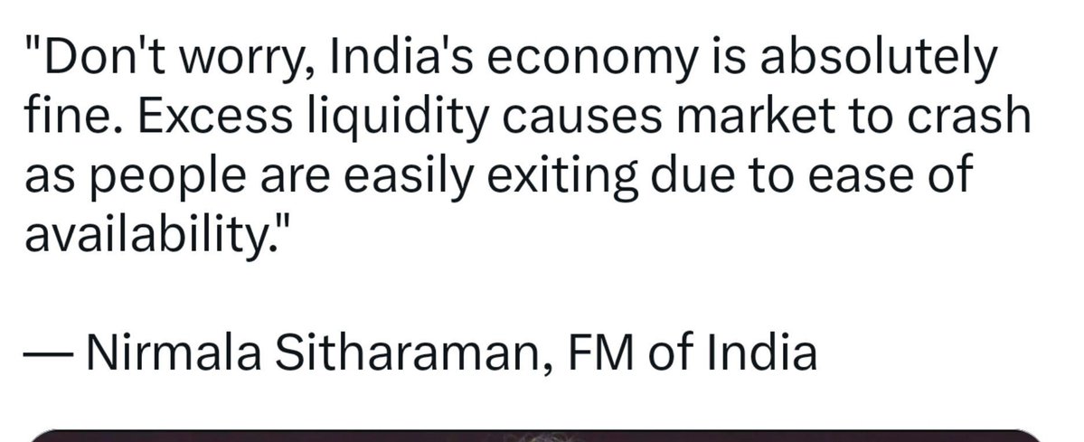 SmartTrades12's tweet photo. Today Finance minister statement is wrong 

FM don't know 🙏 what is liquidity in stock Market ?

Correct Answer:- Excess liquidity Liquidity doesn't cause market crashes —" it fuels bull runs ". 📈

liquidity withdrawal or bubble bursting causes crashes.

#Stockmarkercrash #Stoc https://t.co/KtUhynXOfF
