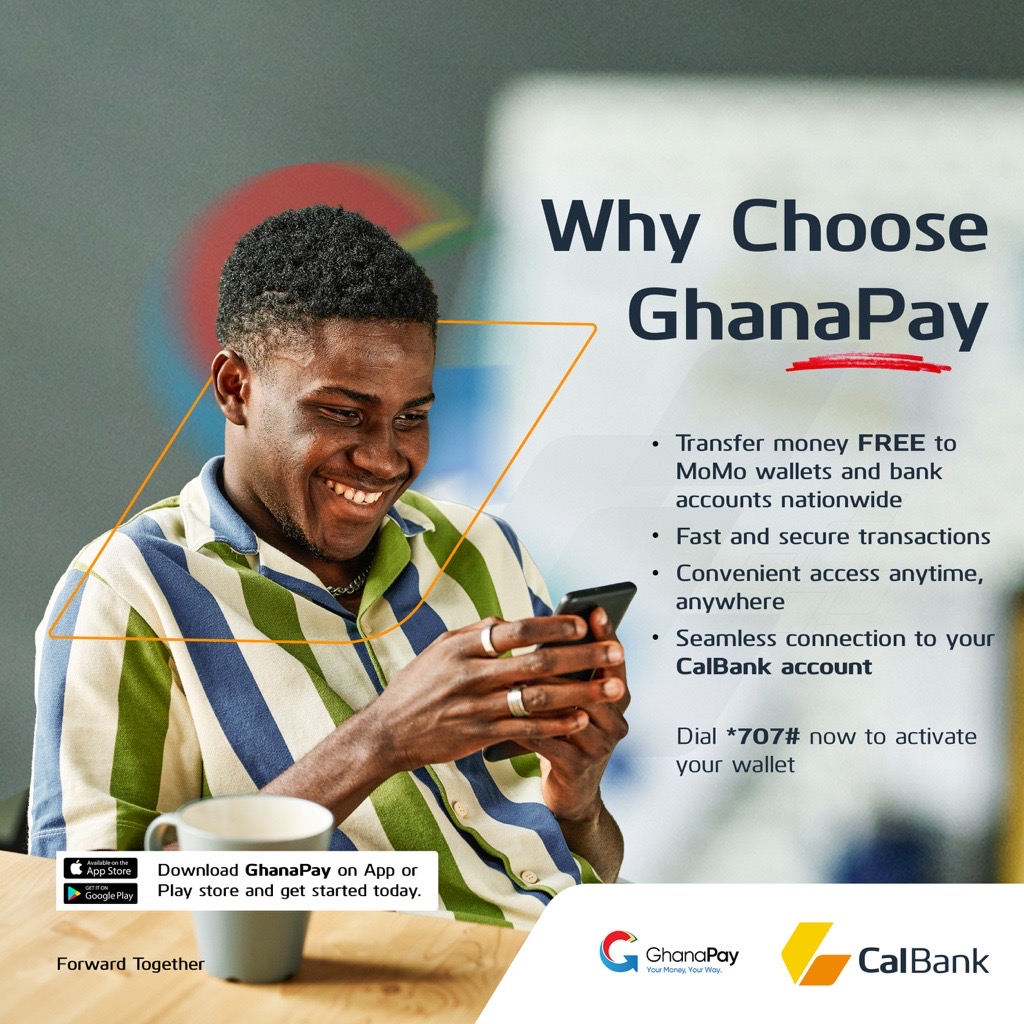 CalBankPLC's tweet photo. Enjoy FREE transfers with GhanaPay!

Send money to MoMo wallets and bank accounts at zero fees. Activate your GhanaPay wallet via *707# or download GhanaPay today.

#LifeSimplified #CalBank #ForwardTogether https://t.co/8UhrnvzN8Z