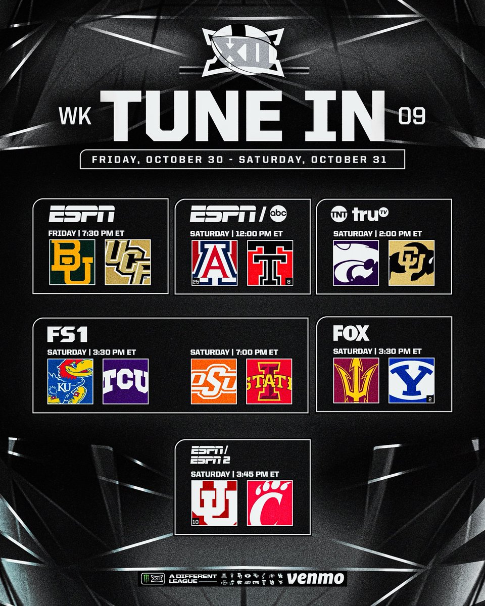 Big12Conference's tweet photo. Week 9️⃣ TV Times 📺⏰ https://t.co/LDh4JRsKOm