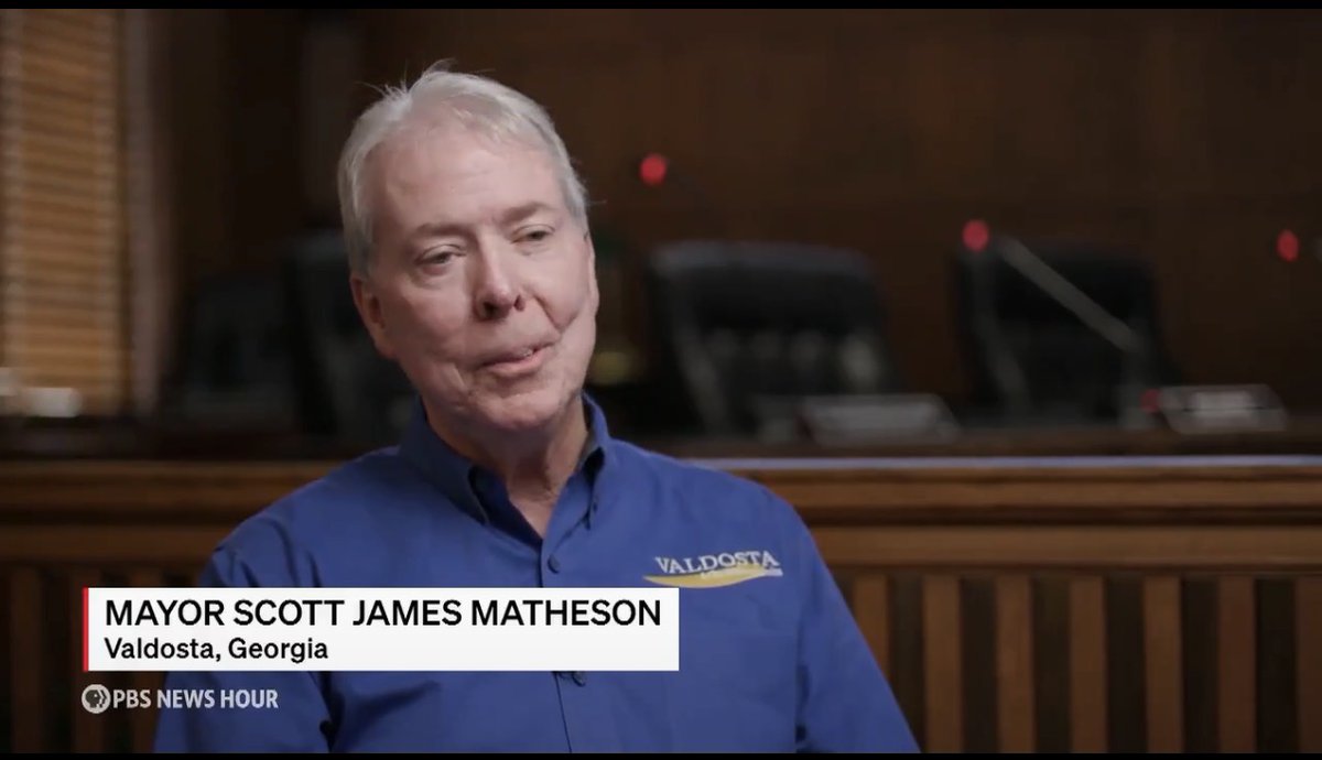 PollTracker2024's tweet photo. #GeorgiaSenate
PBS: Valdosta, Georgia mayor Scott James Matheson endorses Senator Jon Ossoff (D-GA)
Mayor Scott James Matheson on why he’s endorsing Ossoff: “It's a relationship. I don't know how it took root, but it's been beneficial to myself as a mayor and the city of Valdosta.”
Valdosta voted for Trump in 2024 by 18 points.