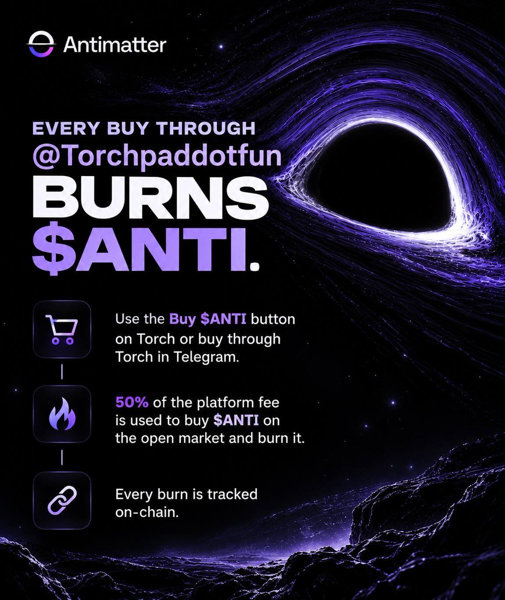 tryantimatter's tweet photo. not everyone knows how the antimatter tokens gets burned.

every buy through @Torchpaddotfun burns $ANTI.

use the Buy $ANTI button on Torch or buy through Torch in our Telegram.

50% of the platform fee is used to buy $ANTI on the open market and burn it.

every burn is tracked on chain.