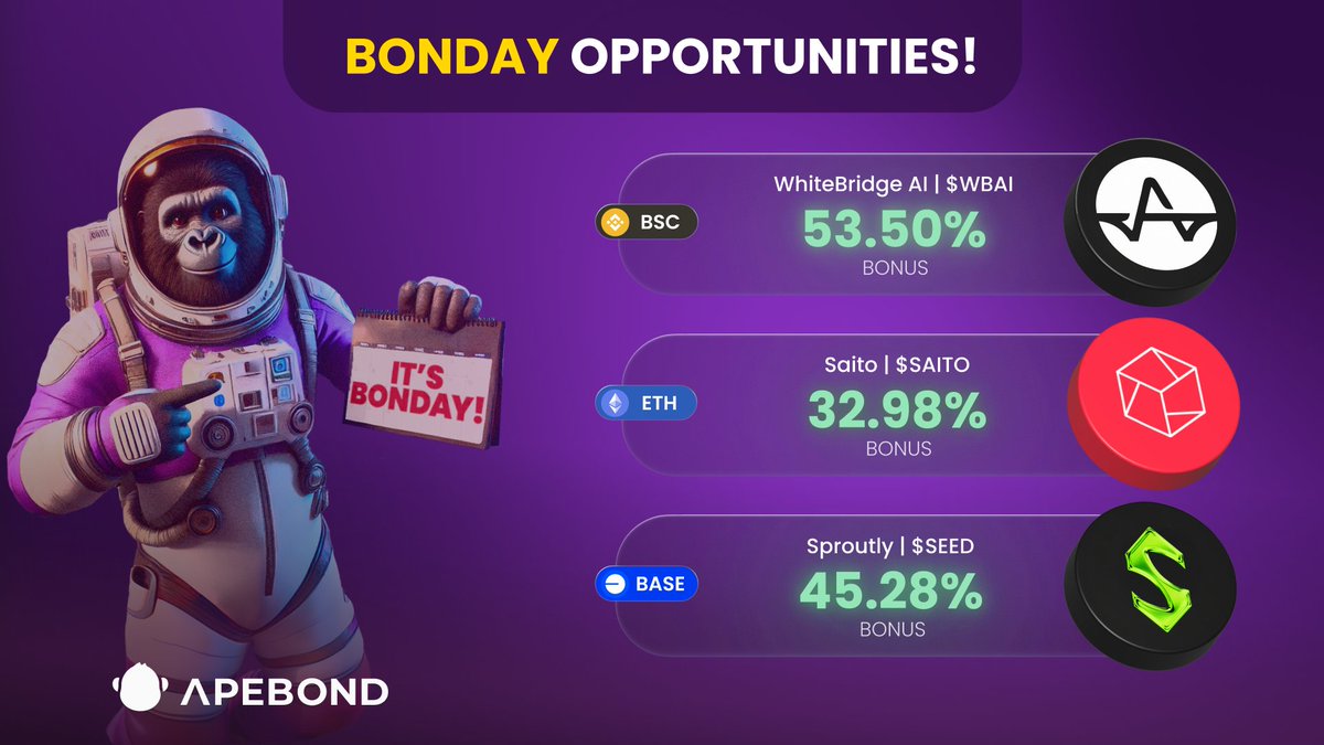 ApeBond's tweet photo. New week, new Bonds. BONDAY is ON! 🦍🔥

Your Monday lineup is looking fresh! Grab your favorite tokens with a bonus through ApeBond:

🤖 https://t.co/z6vucFivW5
⚡ https://t.co/lSVtDX5BDM
🌱 https://t.co/ZwrcIKQ2Sy
Explore the Bonds, check the bonuses, and find your next opportunity! 👀

👉 https://t.co/b8io50ZKT6