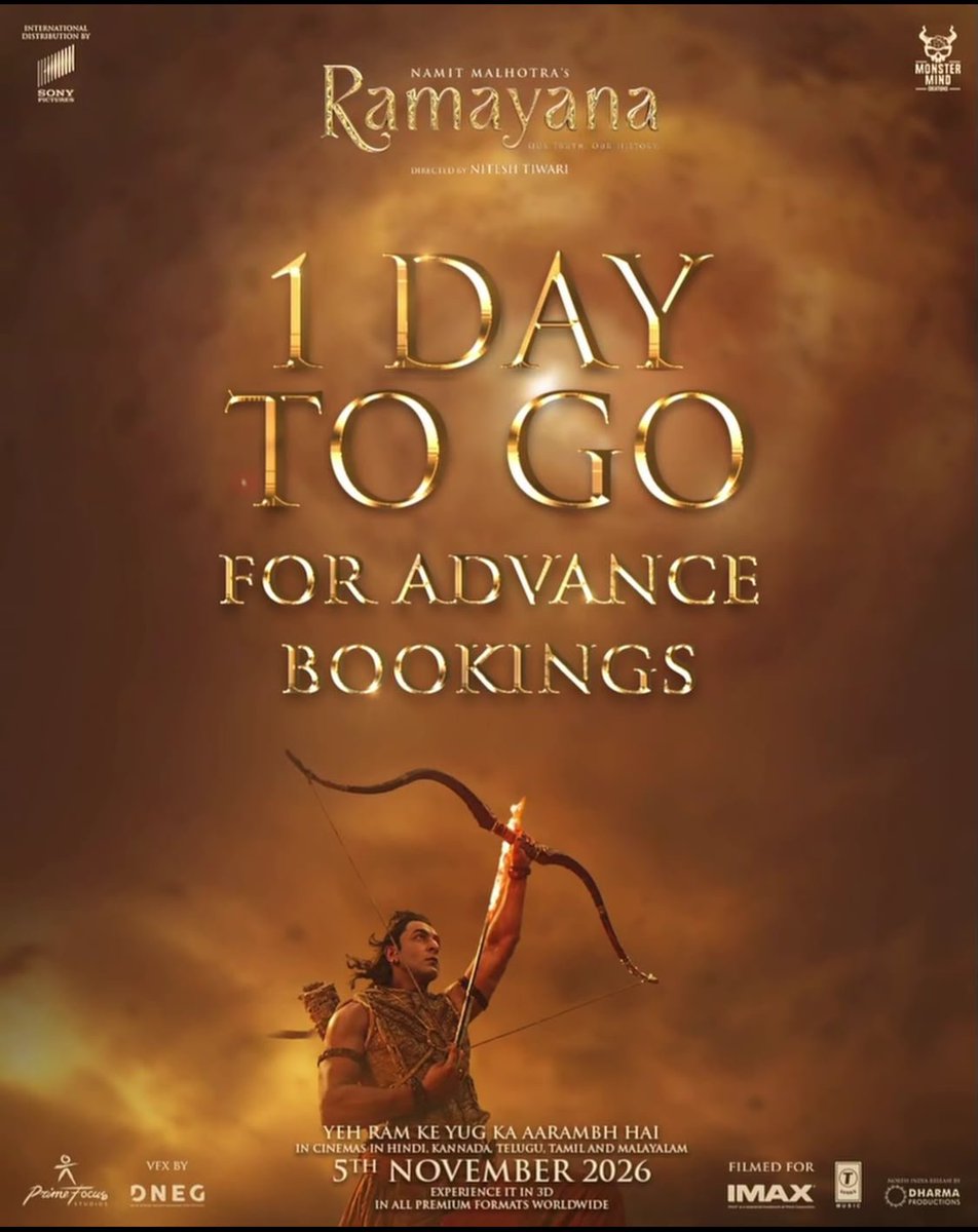 InsideBoxOffice's tweet photo. The advance booking for the biggest Indian movie of the year, #RanbirKapoor and #Yash's #Ramayana, is set to begin domestically tomorrow, on October 20, i.e., on the occasion of Dussehra.

With great hype surrounding the film's release and India advance booking starting more than two weeks before its release, a lot of expectations are riding on the film regarding what opening it would hint towards.

Meanwhile, fans of Ranbir Kapoor and Yash are eagerly waiting to book their seats before the FDFS in their nearby theaters goes housefull.

How many tickets are you planning to buy for Ramayana?