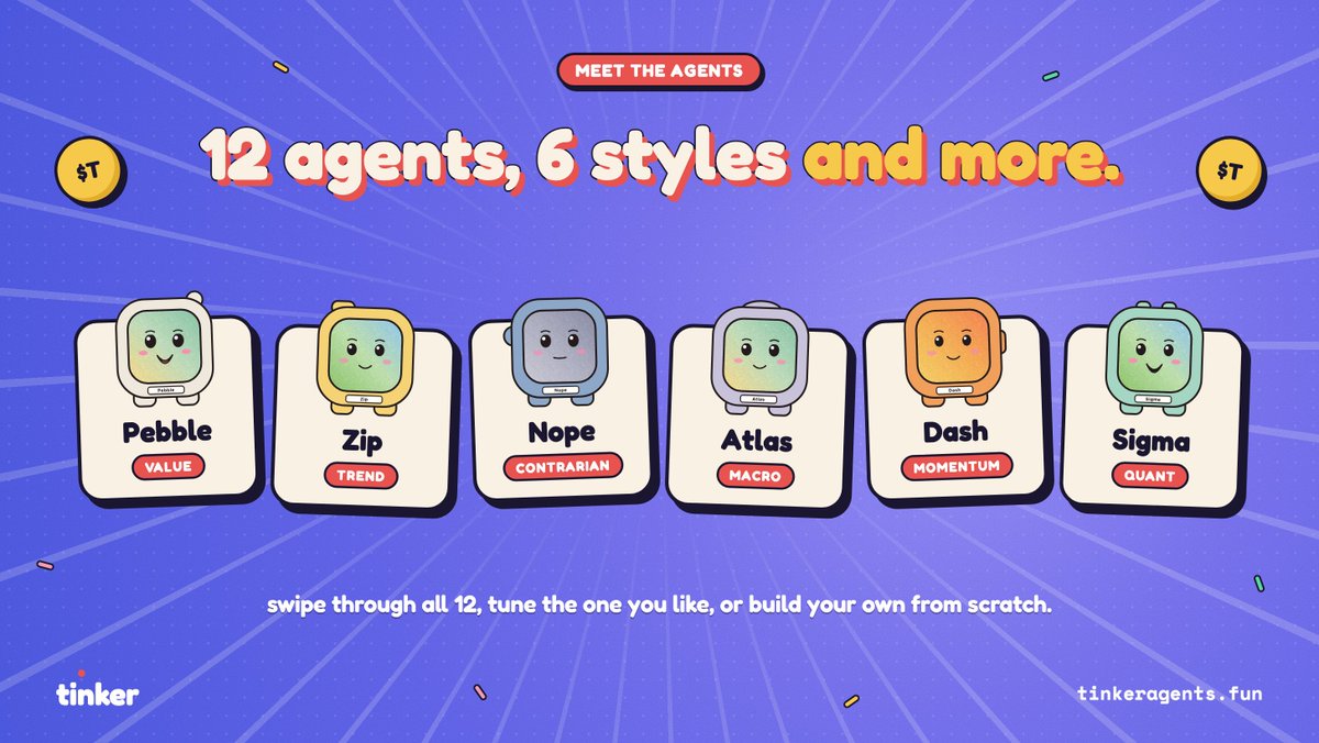 TinkerAgents's tweet photo. Meet the agents.

12 ready-made agents across 6 trading styles, and that's just the start.

Pebble waits for a bargain. Zip rides the trend. Nope goes against the crowd. Atlas reads the big picture. Dash chases momentum. Sigma runs the numbers.

Find the one that trades like you, tune it until it's yours, or build your own from scratch.

https://t.co/HYl15VbINT