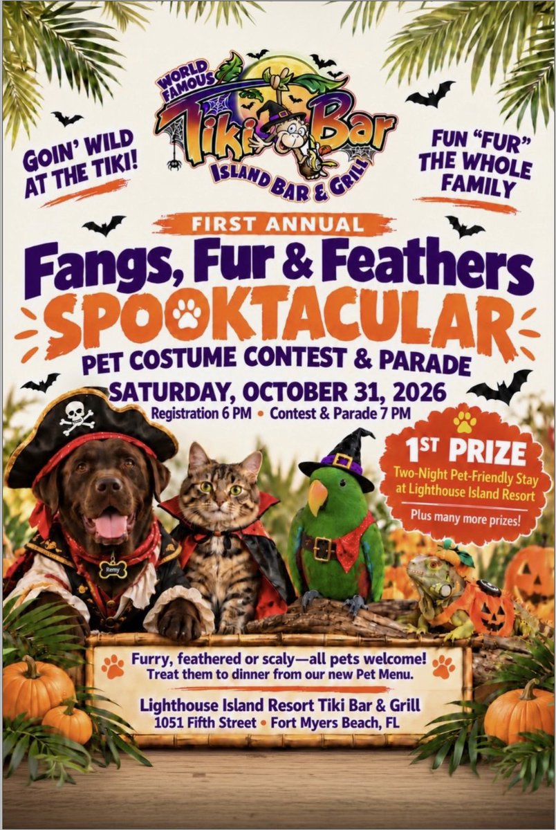 FMB_Chamber's tweet photo. 🎃 Dive into spooky-season vibes! 🕷️ @YucatanFMB and the Tiki Bar &amp; Grill at The Lighthouse Island Resort are serving up Halloween fun! Come celebrate with tropical terrors &amp; ocean-side treats! 🌊💀

#HalloweenFun #BeachVibes #TikiBarLife #YucatanBeach #FortMyersBeach https://t.co/FHGKvYGv5c