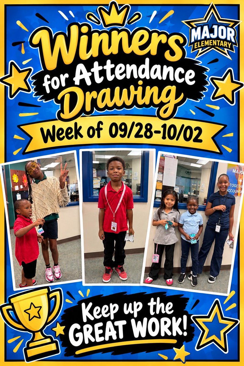 MajorElementary's tweet photo. 💙💛 **OUR ALL STARS ARE SHOWING UP AND SHINING!** ⭐🏆

Congratulations to our **Attendance Drawing Winners** for the week of 09/28–10/02! 🎉👏 Consistent attendance helps our All Stars stay engaged, keep learning, and reach for the stars! 🌟📚

Keep showing up and keep shining! https://t.co/mVqB7RmcCm