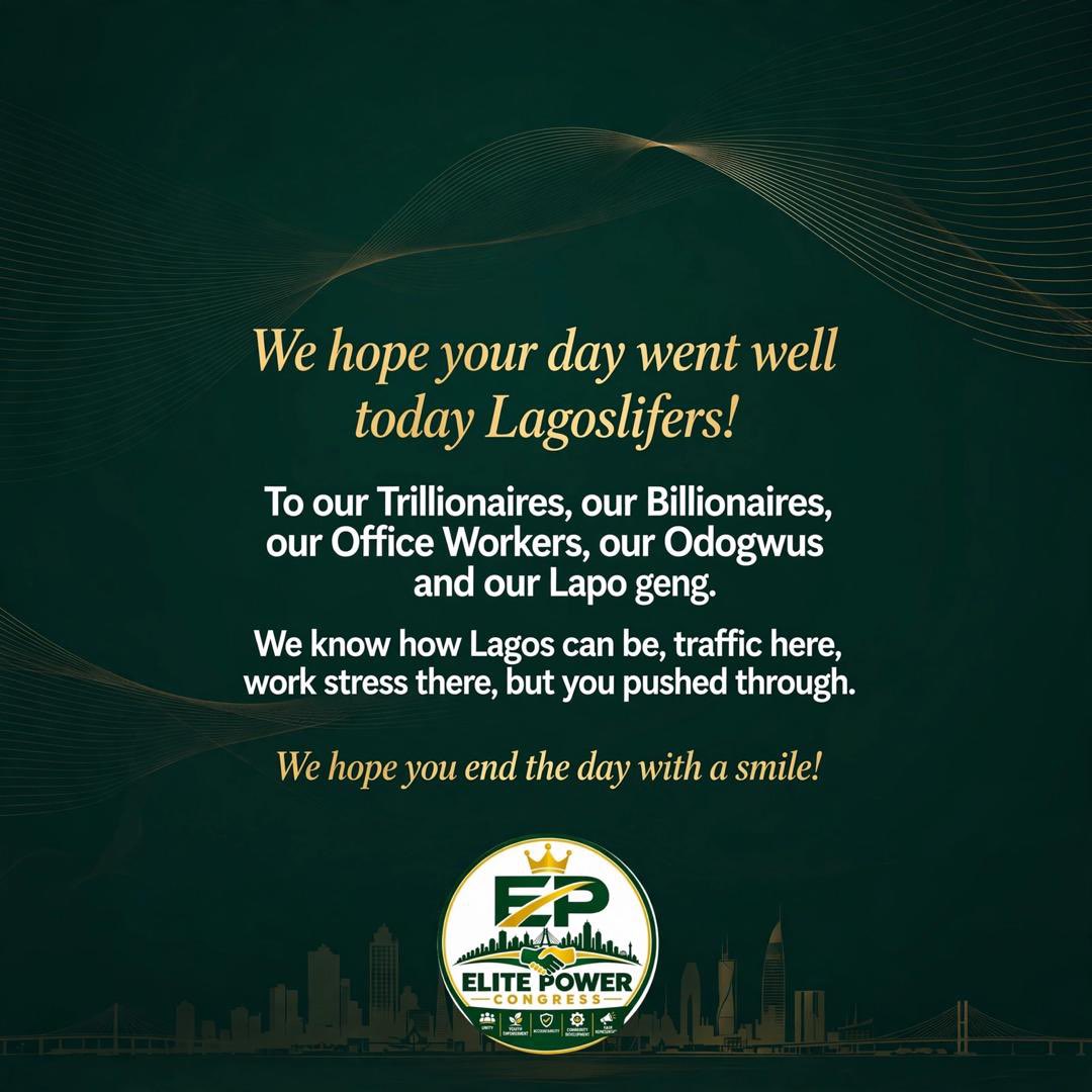 ElitePowerC's tweet photo. We hope your day went well today Lagoslifers!

To our Trillionaires, our Billionaires, our Office Workers, our Odogwus and our Lapo geng.

We know how Lagos can be, traffic here, work stress there, but you pushed through.

We hope you end the day with a smile!
#LagosLife https://t.co/huoNiftnJA